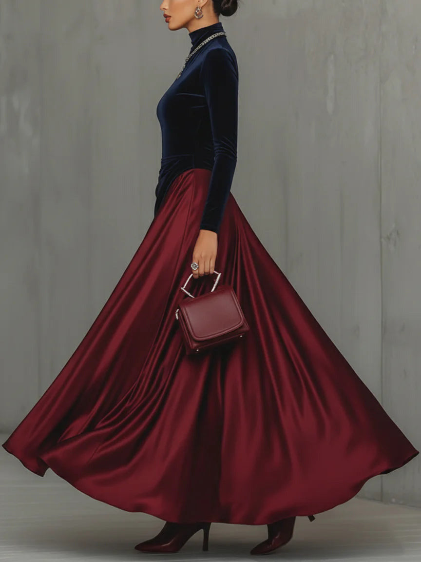 Elegant Velvet Satin Color-blocked Maxi Dress