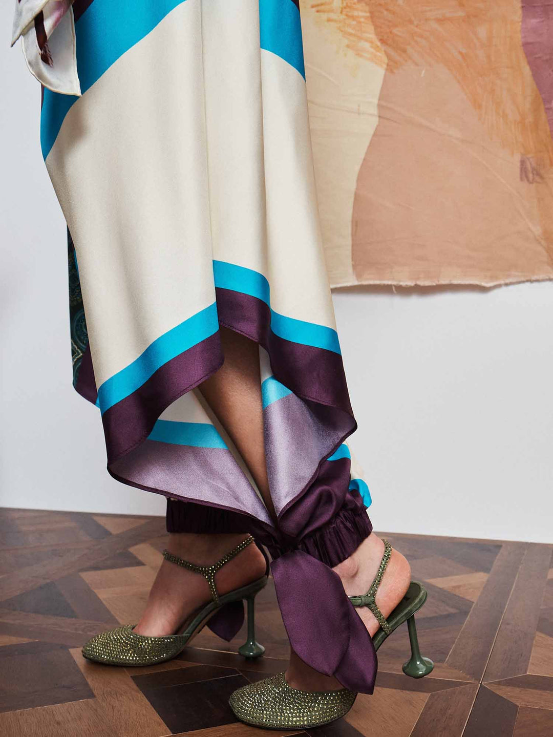 Brown Crop Top Color Block Print Pants Two-Piece Set