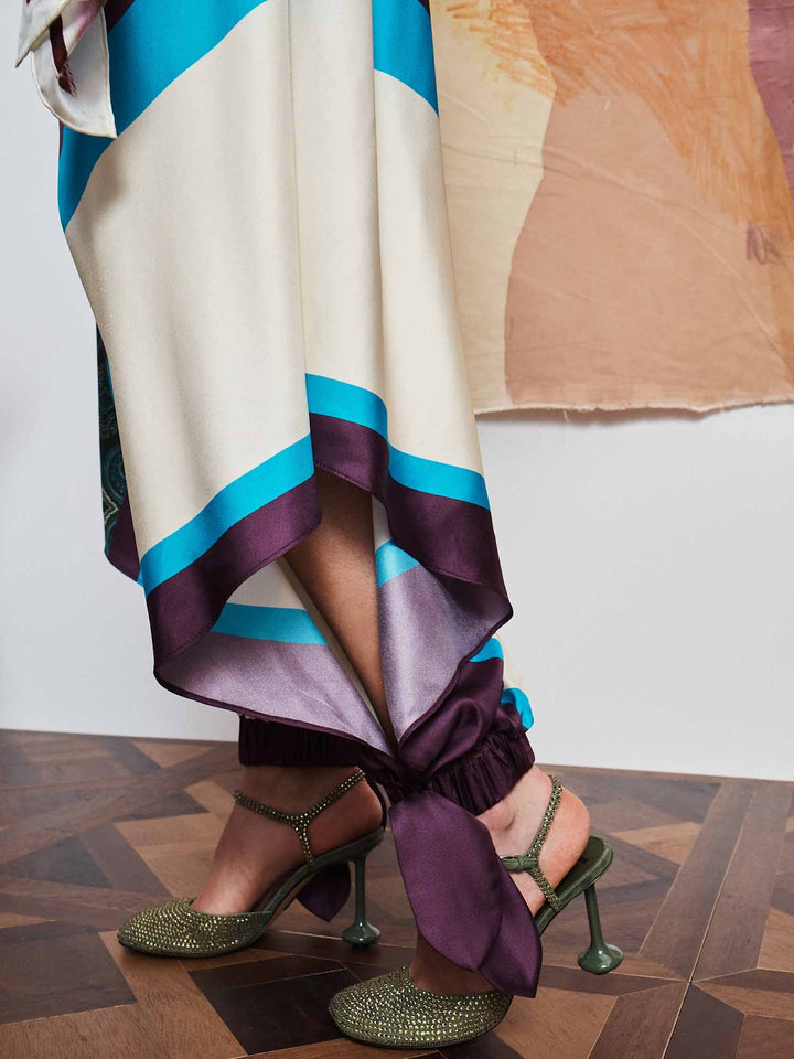 Brown Crop Top Color Block Print Pants Two-Piece Set