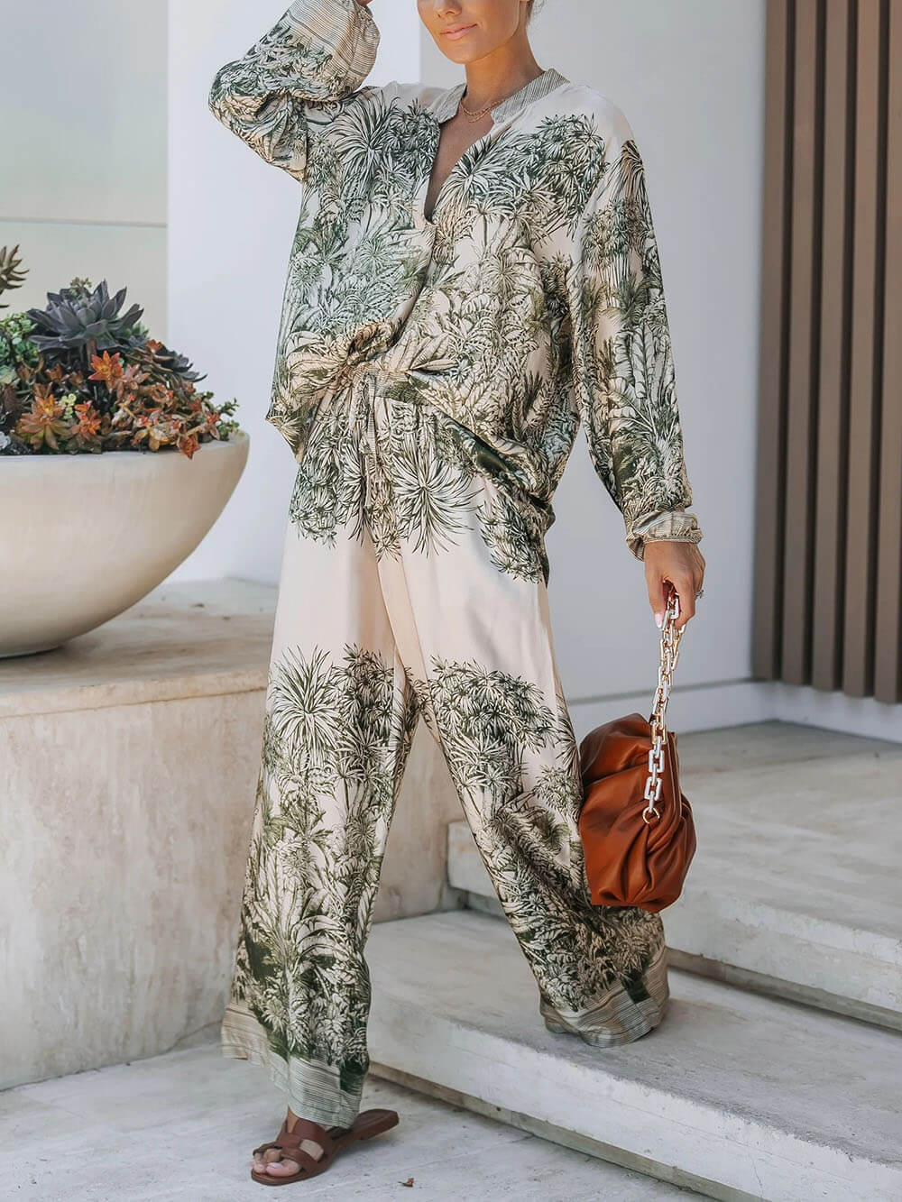 Casual Palm Leaf Print Loose Shirt And Wide-Leg Pants Set