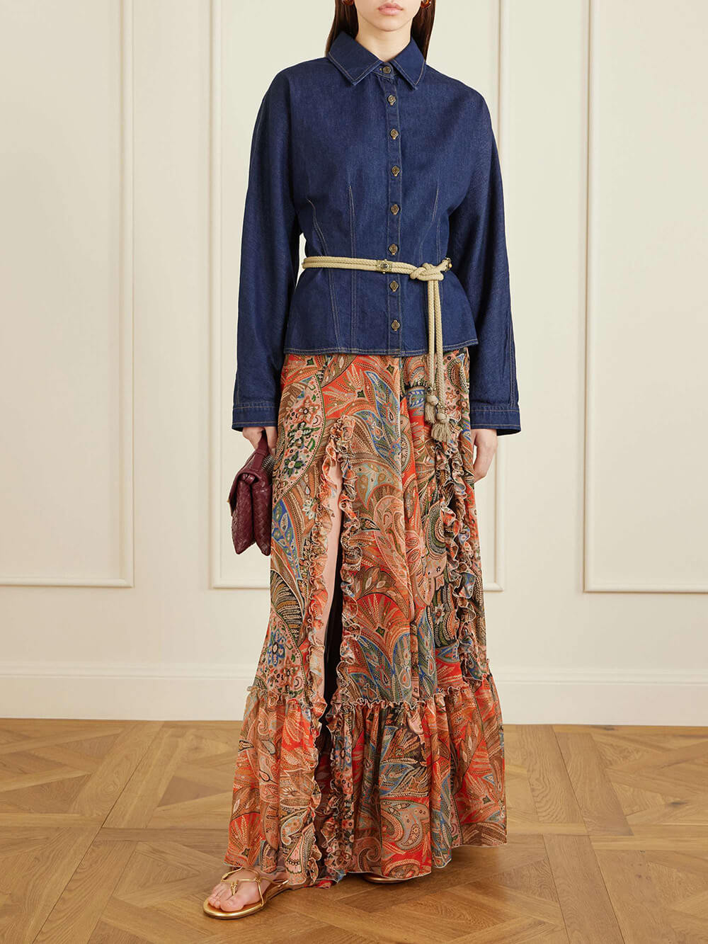 Exquisite Floral Print Ruffle Slit Maxi Skirt