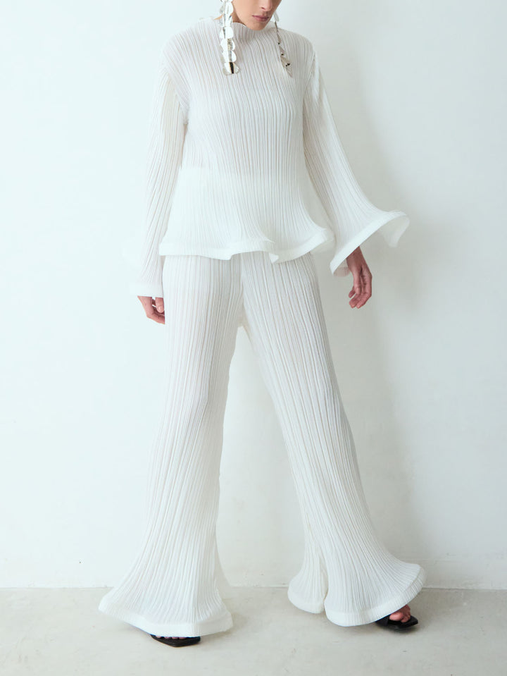 Elegant Ruffled Pleated Long-Sleeve Top