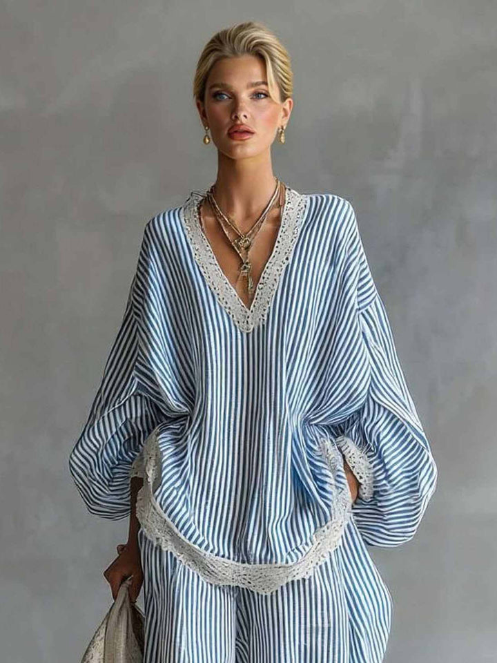 Casual Striped Batwing Sleeve Top & Drawstring Jogger Pants Two-Piece Set