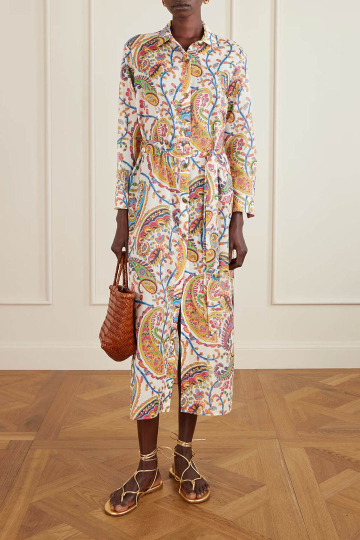 Unique Casual Tie-Waist Paisley Print Midi Shirt Dress
