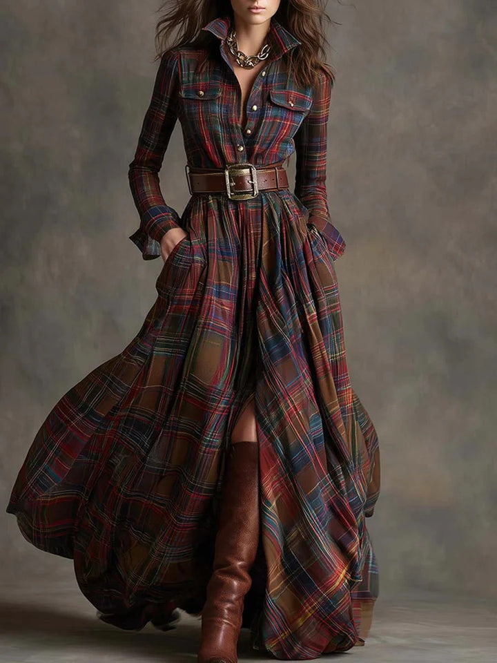Retro Lapel Plaid Single-Breasted Maxi Dress