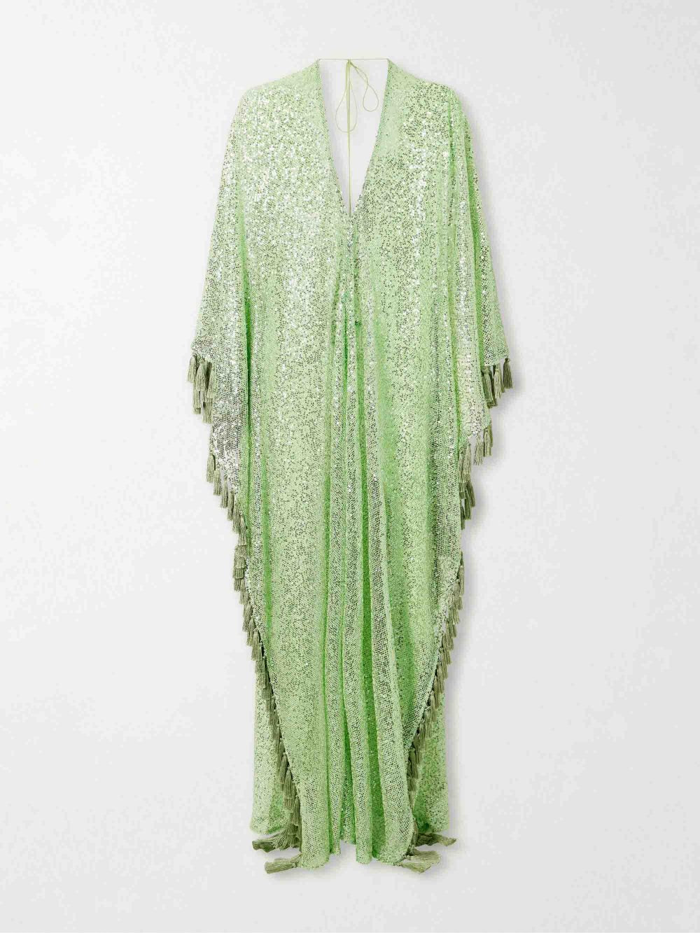 Sequin Deep V-Neck Fringe Kaftan Maxi Dress