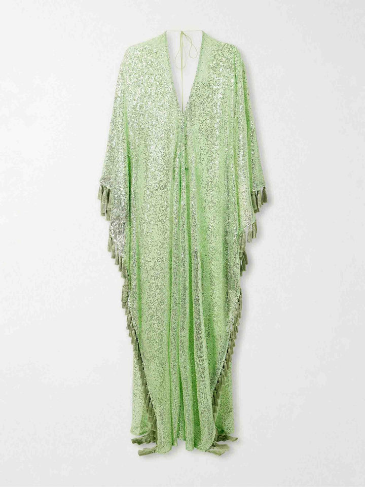 Sequin Deep V-Neck Fringe Kaftan Maxi Dress