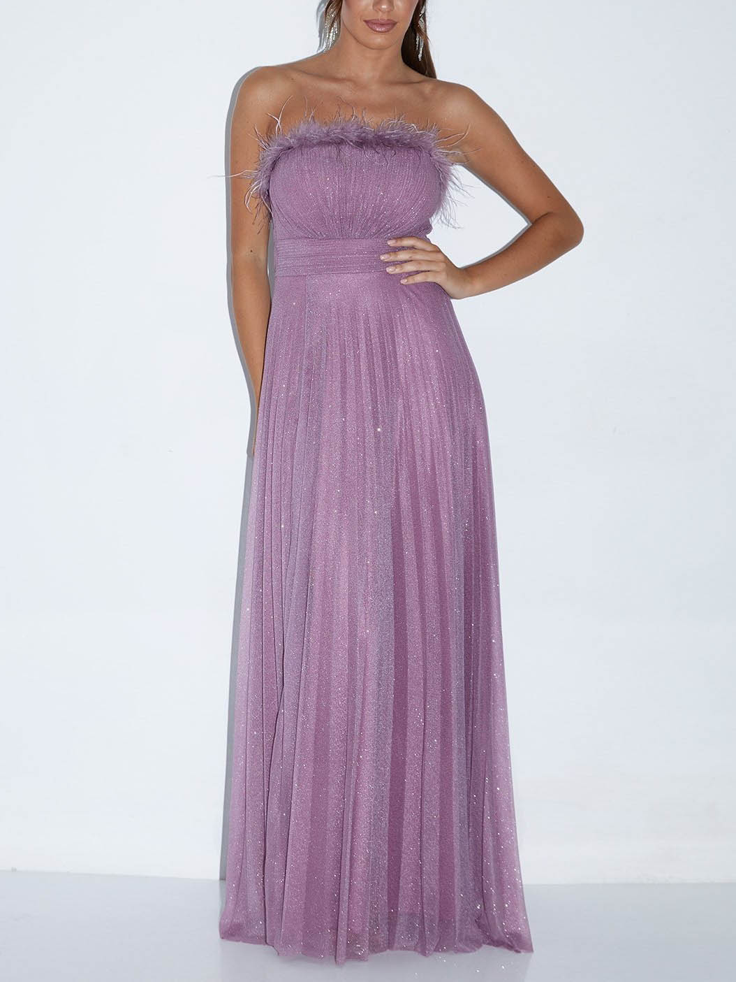 Elegant Feather Trim Shimmer Strapless Maxi Dress