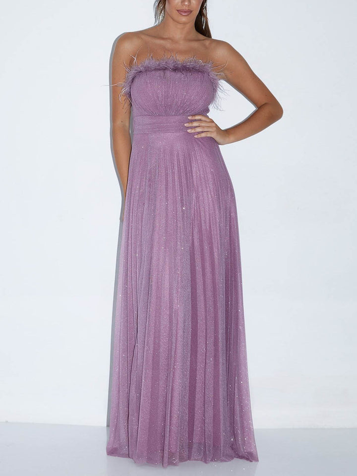 Elegant Feather Trim Shimmer Strapless Maxi Dress