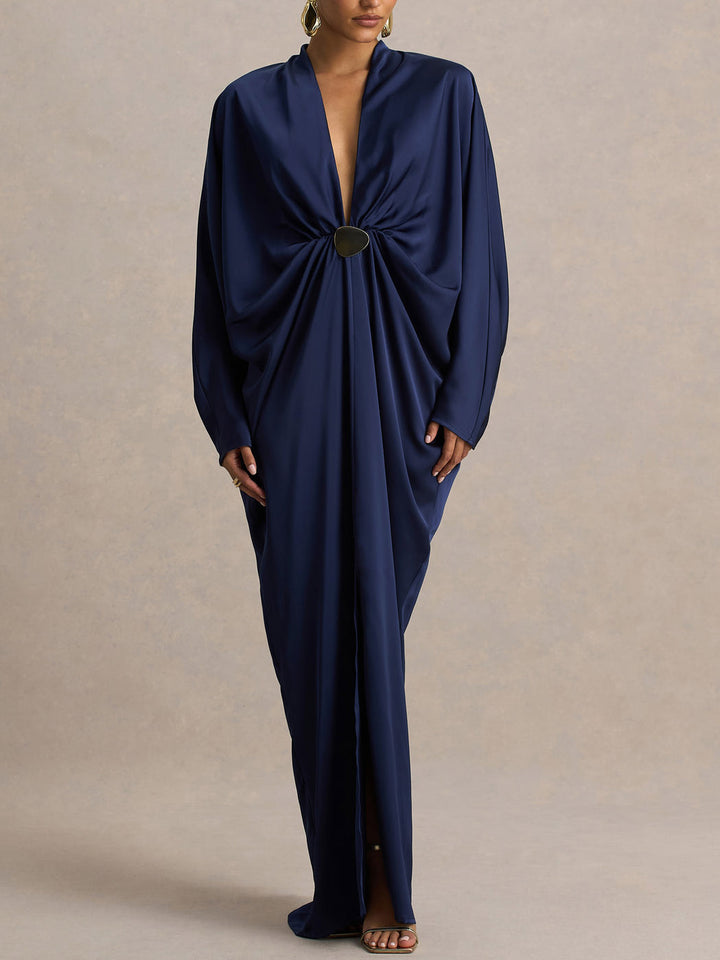 Elegant Satin Batwing Sleeve  Draped Maxi Dress
