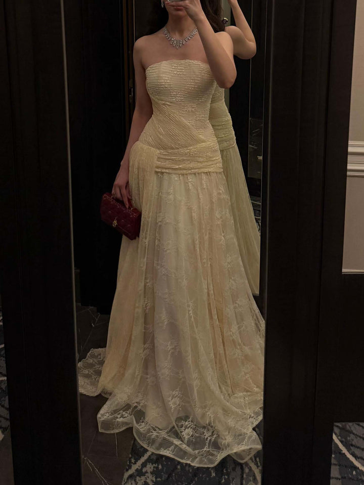 Elegant Strapless Corset Floral Lace Tulle Maxi Dress