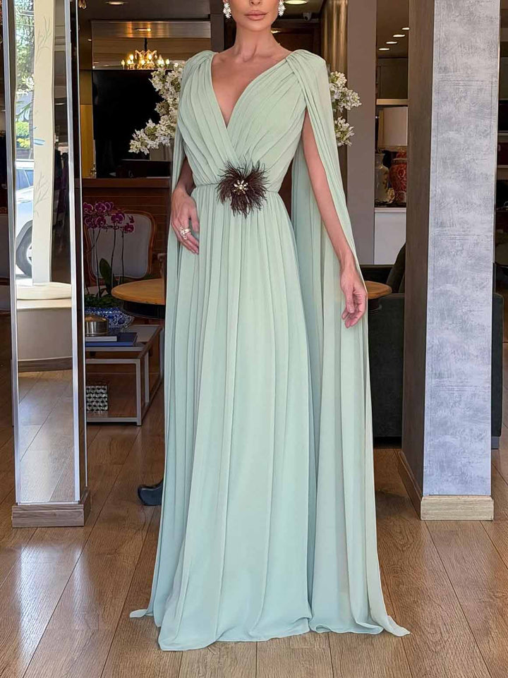 Elegant Draped V-Neck Cape Sleeve Chiffon Maxi Dress