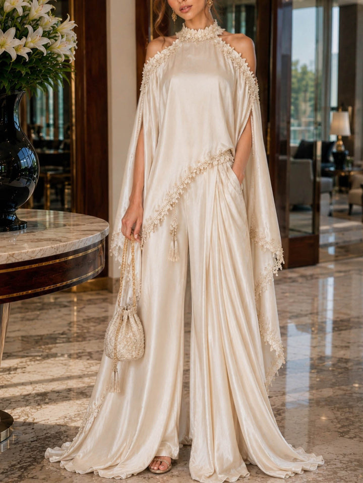 Elegant Lace-Trim Cape Sleeve Satin Pants Set