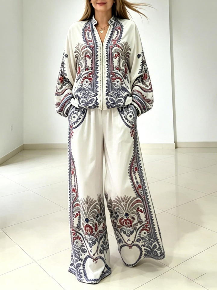 Elegant Paisley Print Zip-Up Shirt & Wide Leg Pants Set