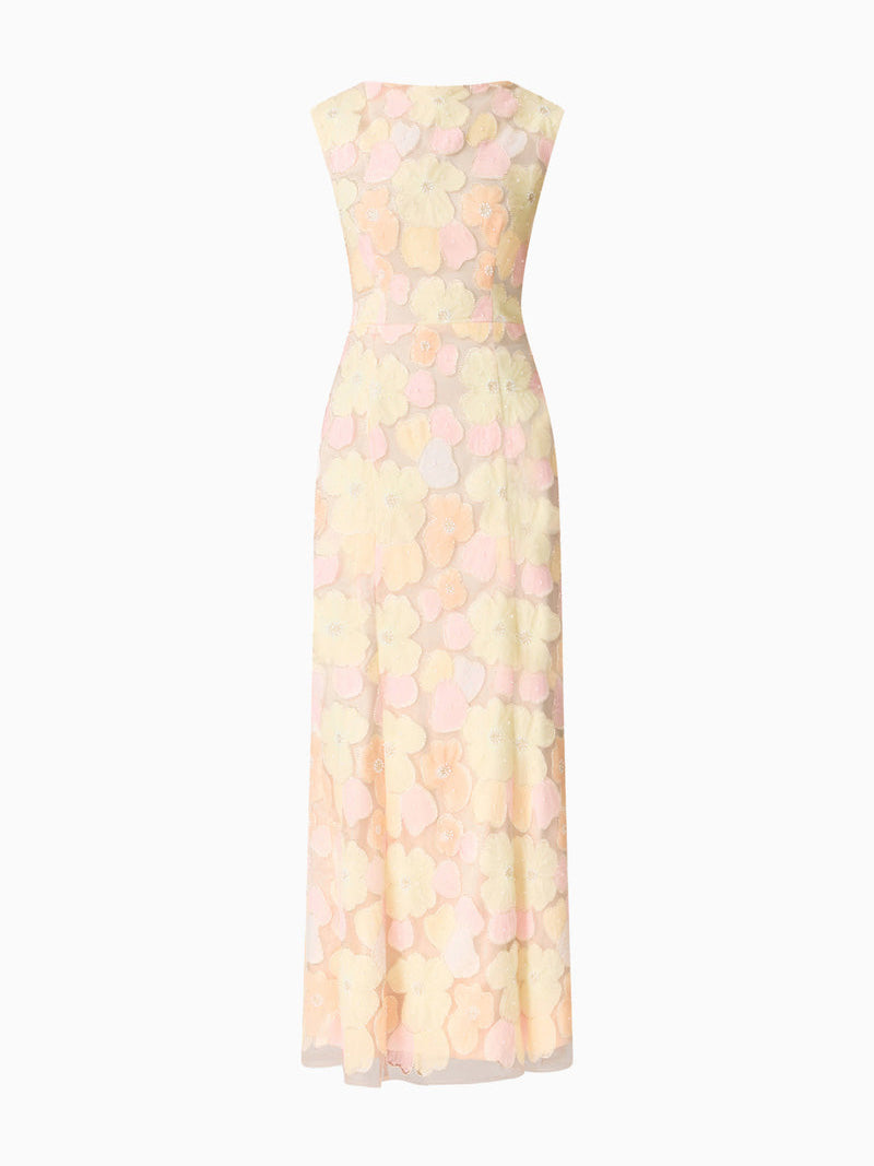 Elegant Pastel Floral Mesh Maxi Dress