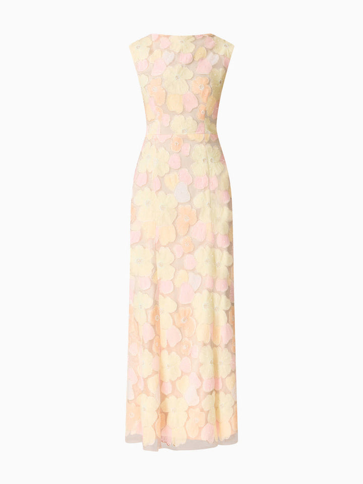 Elegant Pastel Floral Mesh Maxi Dress