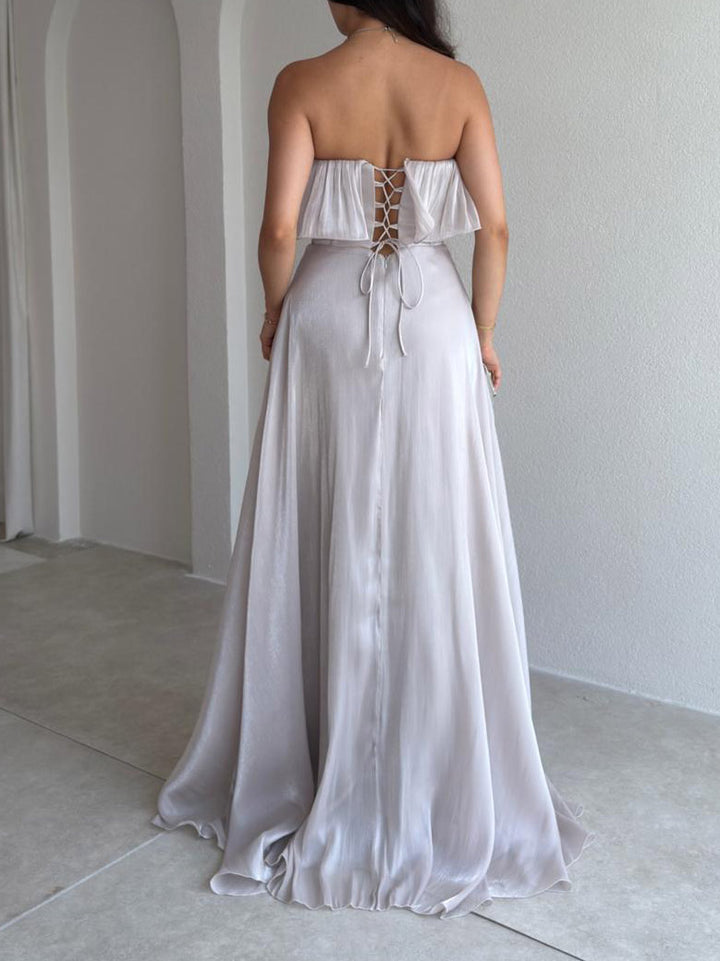 Elegant Strapless Ruffle High Slit Corset Maxi Dress