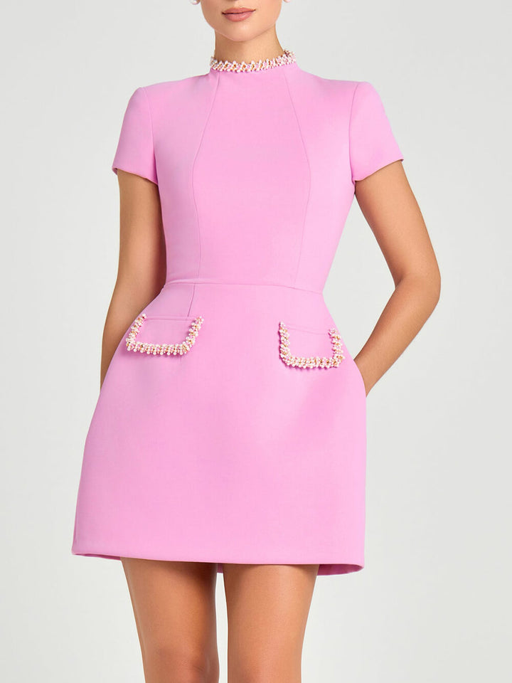 Elegant and Sweet Scent Pearl Trim Short Sleeve Pocketed Mini Dress