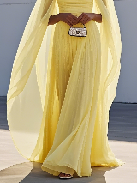 Elegant Cape Sleeve Pleated Chiffon Maxi Dress