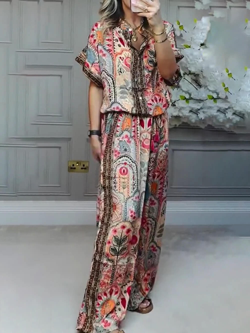 Boho Print Tassel Detail Casual Elastic Waist Pocket Wide-Leg Pants