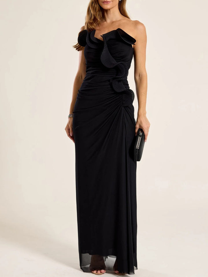 Elegant Strapless Ruched Floral Applique Maxi Dress