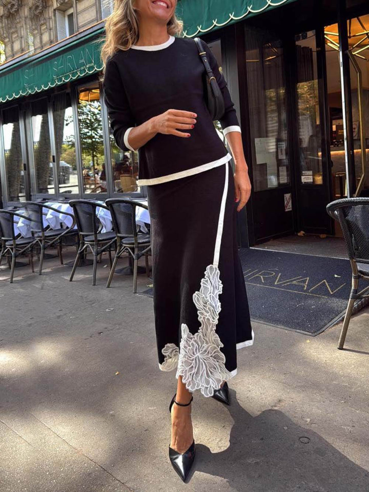 Classic Colorblock Lace Floral Midi Skirt