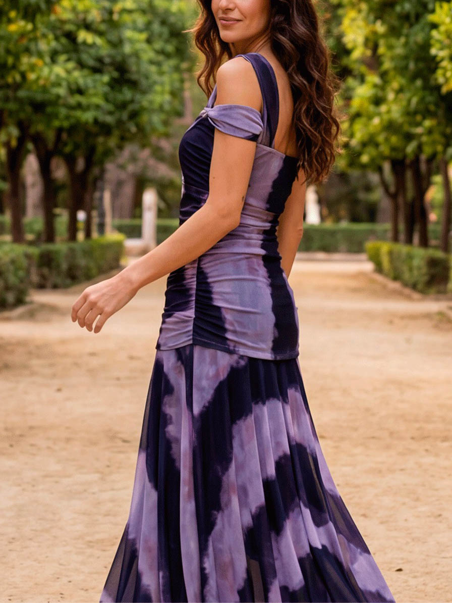 Elegant One-Shoulder Ruched Tie-Dye Chiffon Maxi Dress