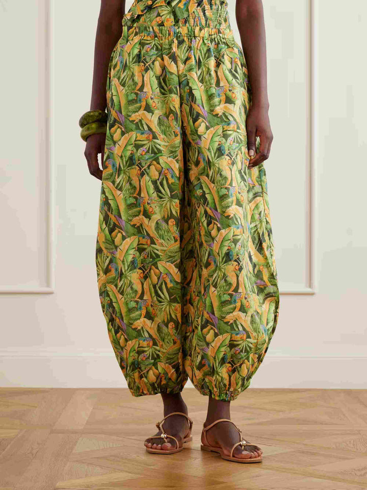 Exquisite Tropical Parrot Print Ruffle Top & Lantern Pants Two-Piece Set