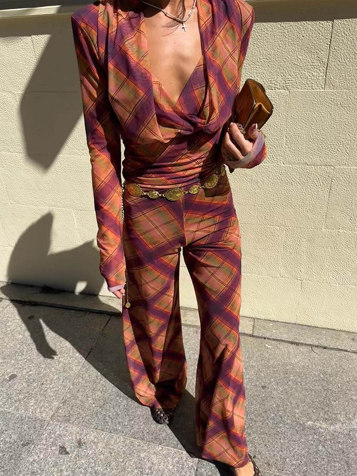 Unique Plaid Print Sheer High-Waist Straight Pants