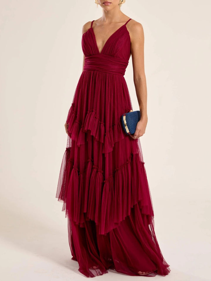 Elegant Deep V-Neck Tiered Tulle Maxi Dress