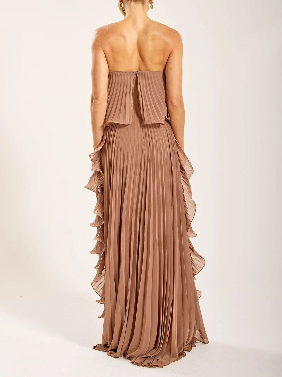 Elegant Strapless Pleated Ruffled Chiffon Maxi Dress