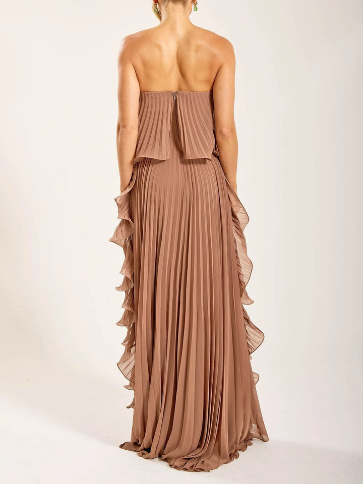 Elegant Strapless Pleated Ruffled Chiffon Maxi Dress
