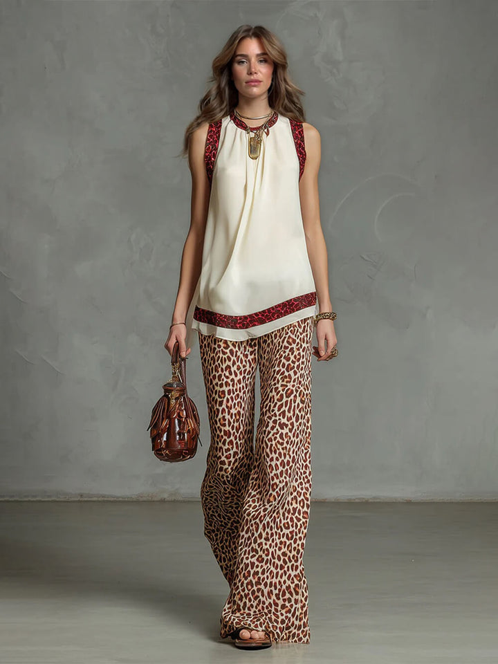 Fashion Leopard Print Chiffon Top And Elastic Waist Wide-Leg Pants Set