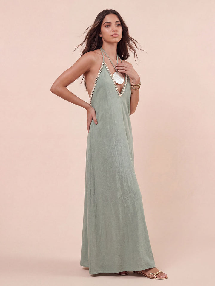 Casual Bohemian Shell Print Deep V Backless Maxi Dress