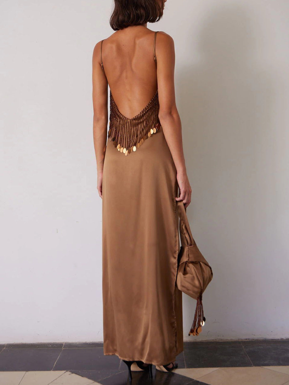 Elegant Sequin Fringe Satin Maxi Dress