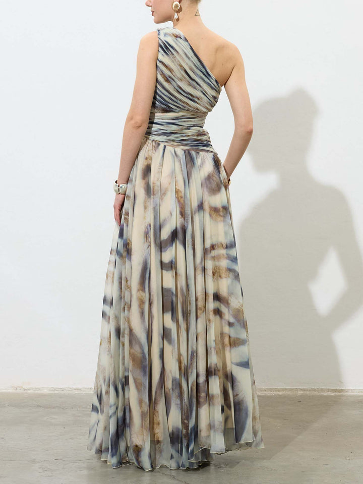 Elegant One-Shoulder Marble Print Chiffon Maxi Dress