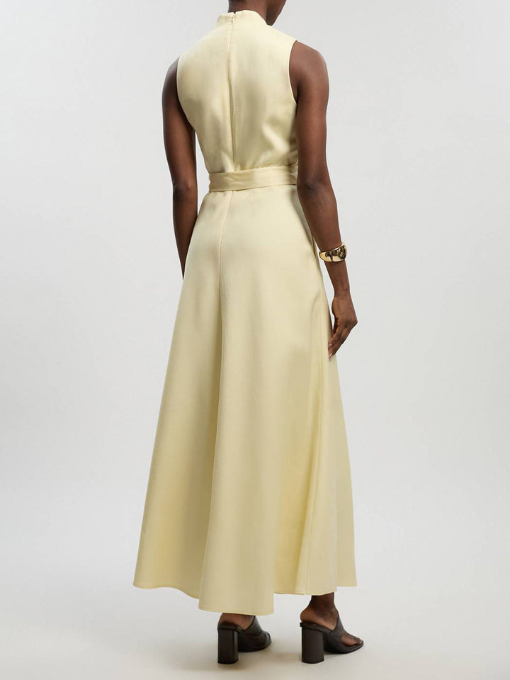 Elegant Sleeveless V-Neck Tie-Waist Satin Maxi Dress