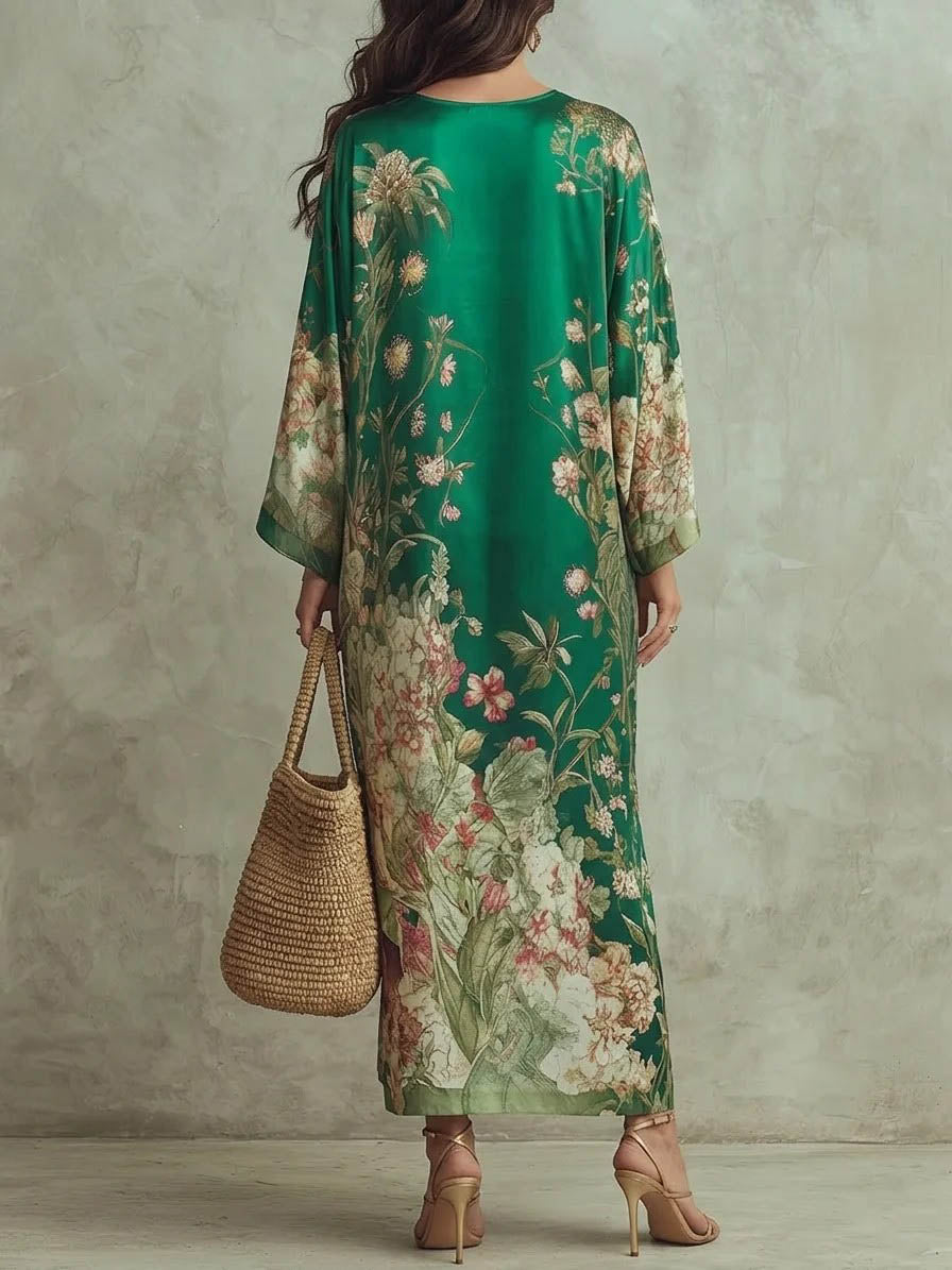 Elegant Floral Print Batwing Sleeve Maxi Dress