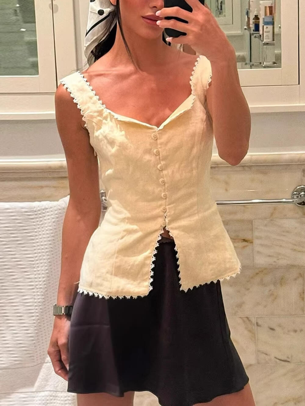 Casual V-Neck Lace-Trim Button-Front Waist-Defined Tank Top