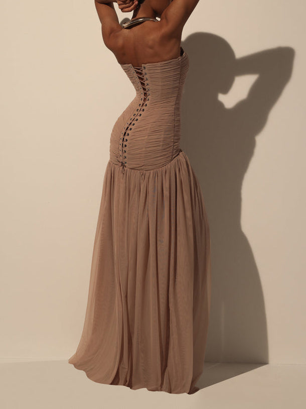 Elegant Strapless Ruched Mesh Maxi Dress