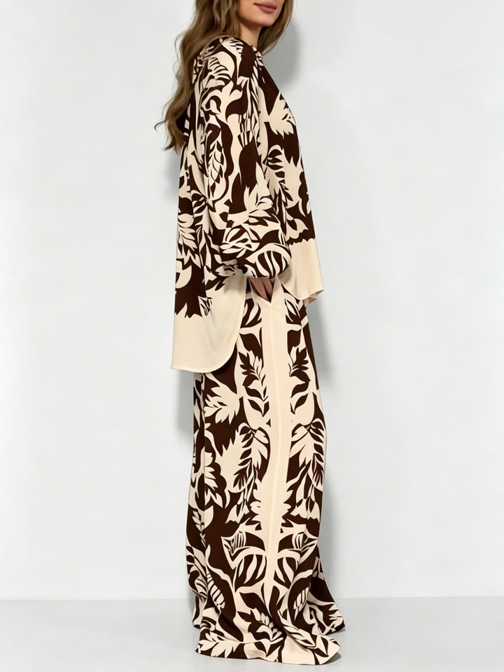 Bohemian Leaf Print V-Neck Satin Shirt & Wide-Leg Pants Set