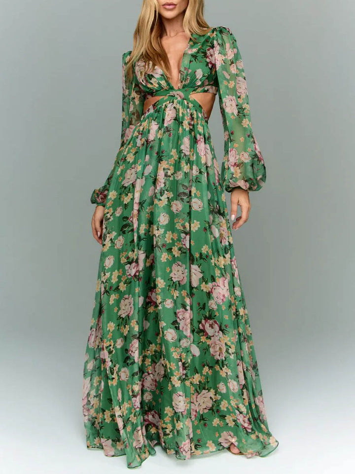 Elegant Floral Print Cutout Waist Long Sleeve Chiffon Maxi Dress