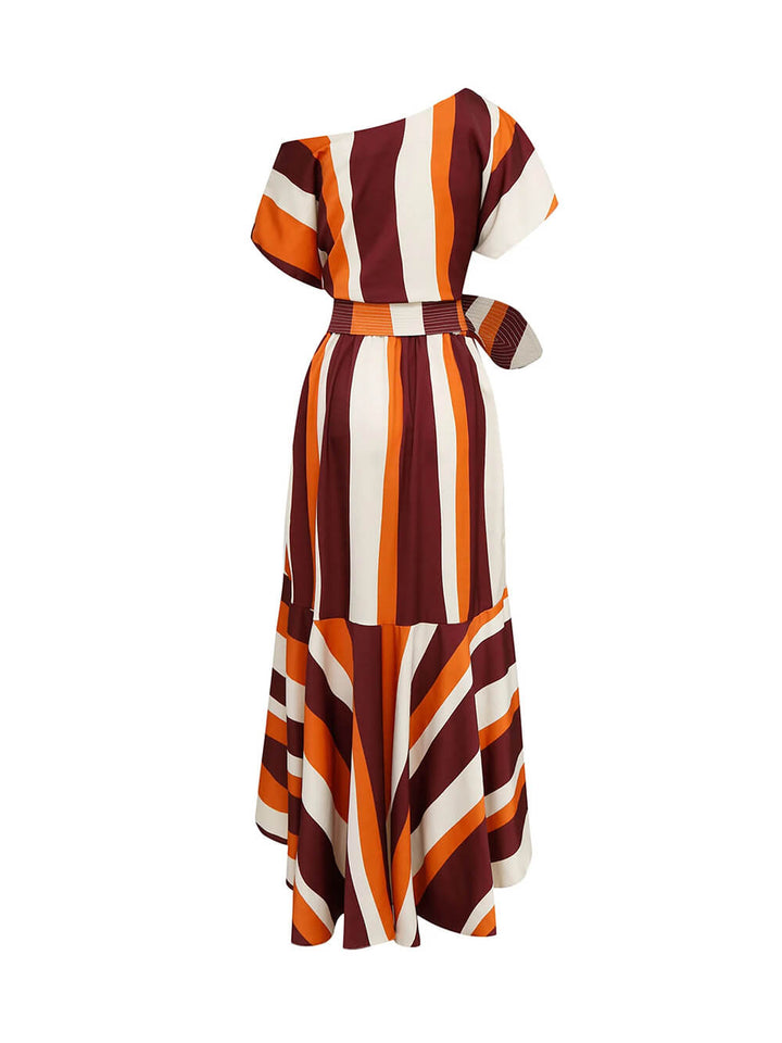 Elegant Asymmetric Geometric Stripe Printed Casual Maxi Dress