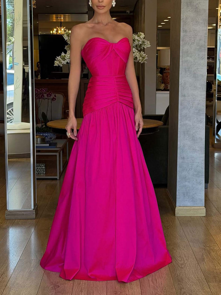 Elegant Strapless Sweetheart Neck Satin Maxi Dress