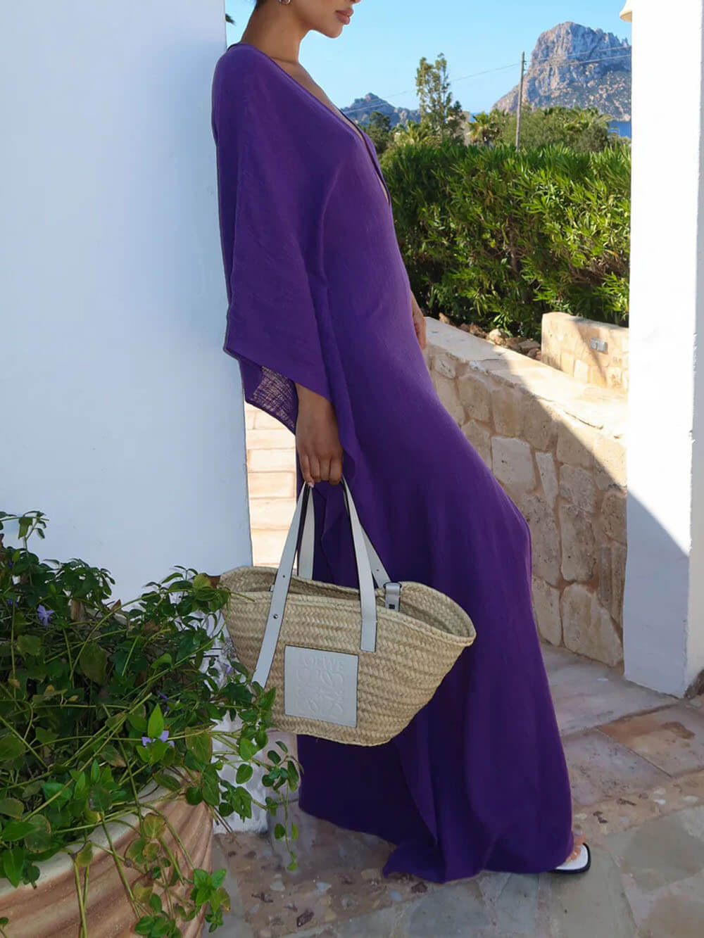 Bohemian Linen V-Neck Open-Back Loose Maxi Dress