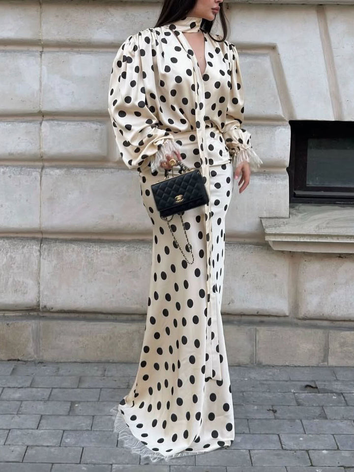 Elegant Polka Dot Blouse & Maxi Skirt Two-Piece Set