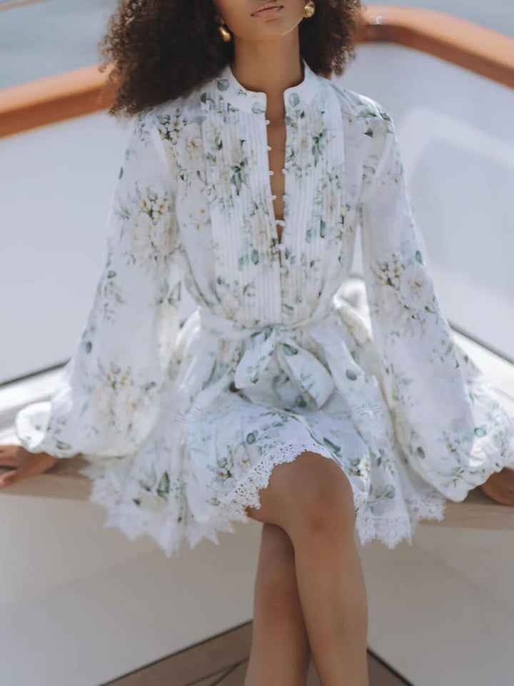 Elegant Floral Print Lace Trim Linen Mini Dress