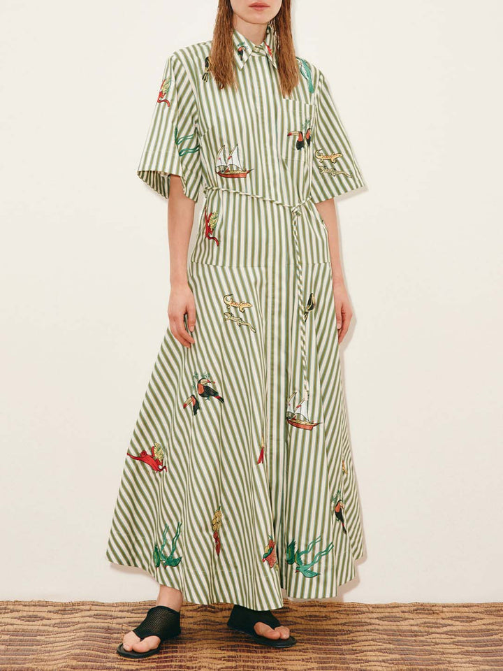 Casual Striped Tropical Print Shirt Maxi Dress