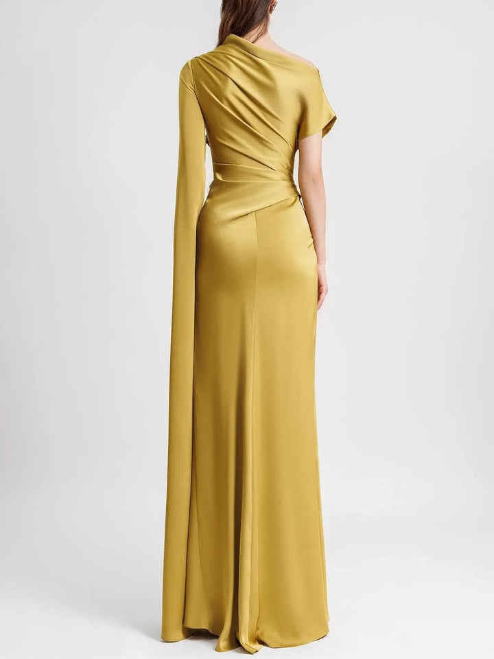 Elegant Irregular-sleeve Pleated Satin Maxi Dress