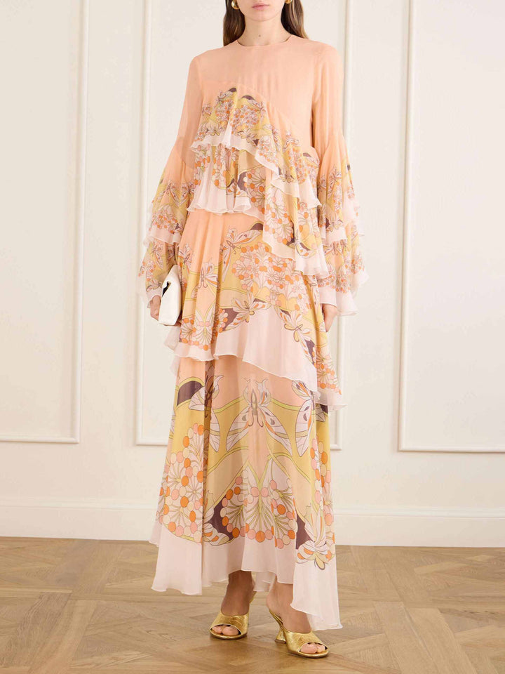 Exquisite Butterfly Print Ruffle Layered Chiffon Maxi Dress